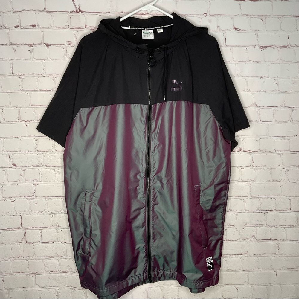 Puma Iridescent Oil Slick Short Sleeve Hooded Windbreaker Jacket XL Black Purple